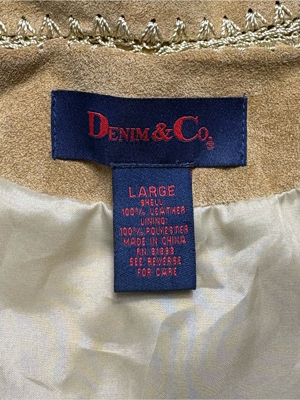 VTG Denim & Co Patchwork Suede Leather Jacket Crochet Trim L Boho - Picture 11 of 12